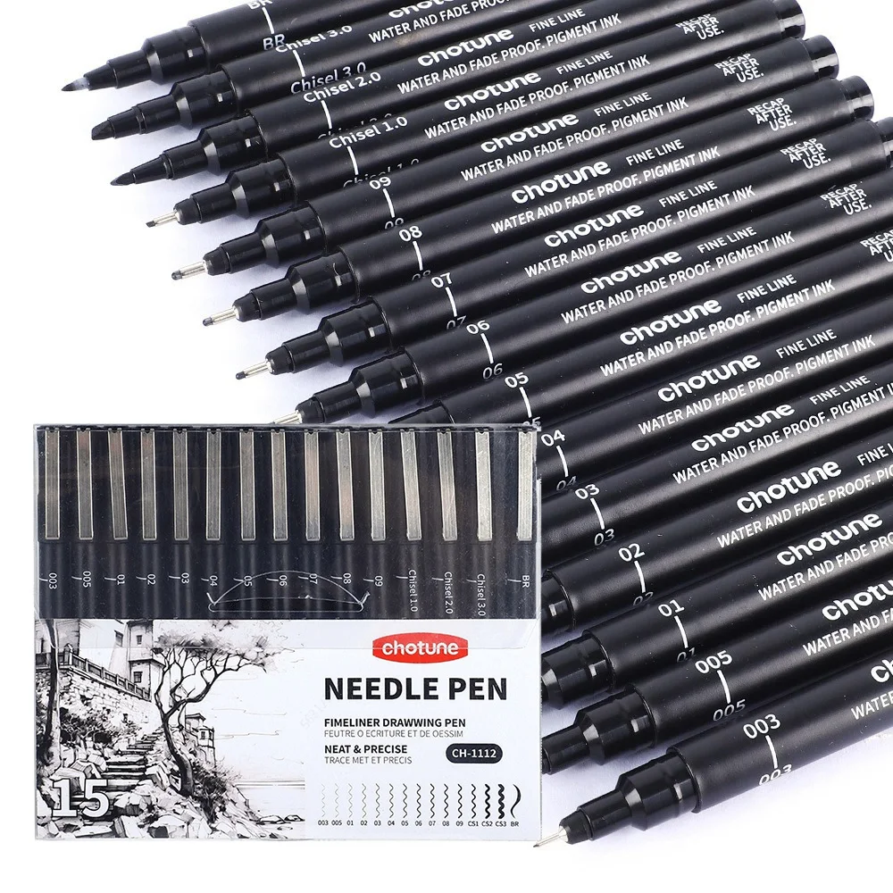 Correction Pen Fine - Micro canetas pretas, 15 tamanhos, tinta